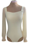 Cream Colored Leo with long mesh sleeves ruched at the wrist