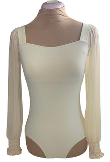  Cream Colored Leo with long mesh sleeves ruched at the wrist