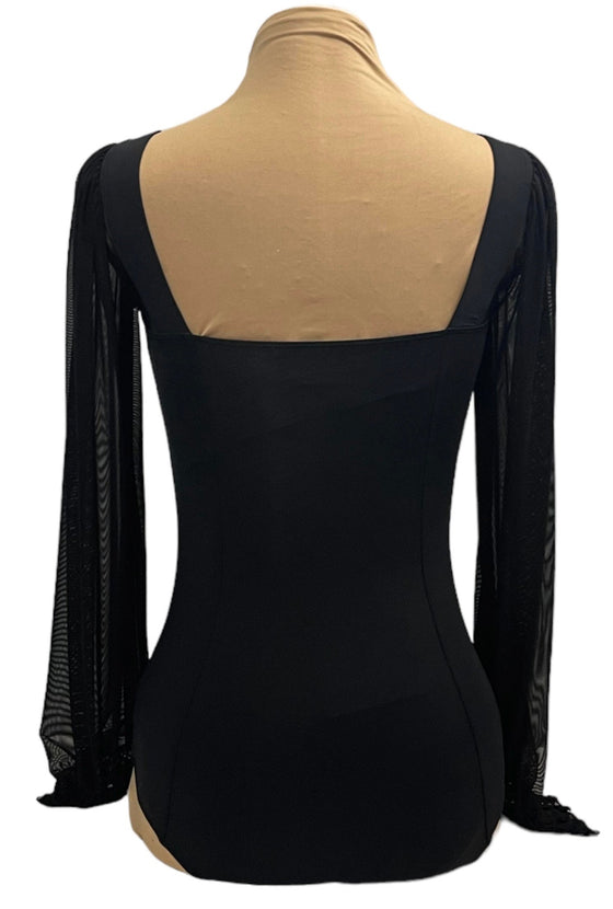 Black Leo with long mesh sleeves ruched at the wrist #222-772