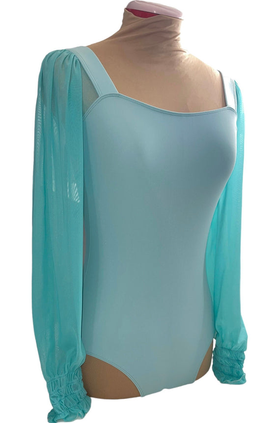 Turquoise Colored Leo with long mesh sleeves ruched at the wrist #222-772