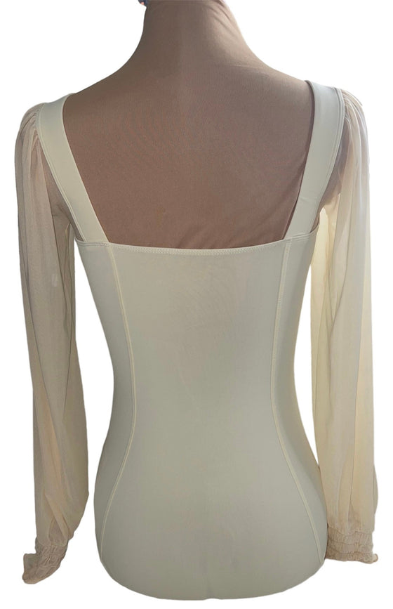 Cream Colored Leo with long mesh sleeves ruched at the wrist