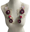 Pair Burgundy 3D flowers lace appliqués with pearl