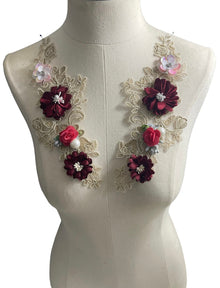  Pair Burgundy 3D flowers lace appliqués with pearl