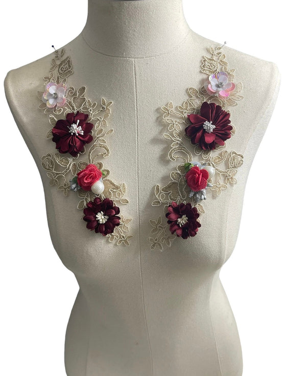 Pair Burgundy 3D flowers lace appliqués with pearl