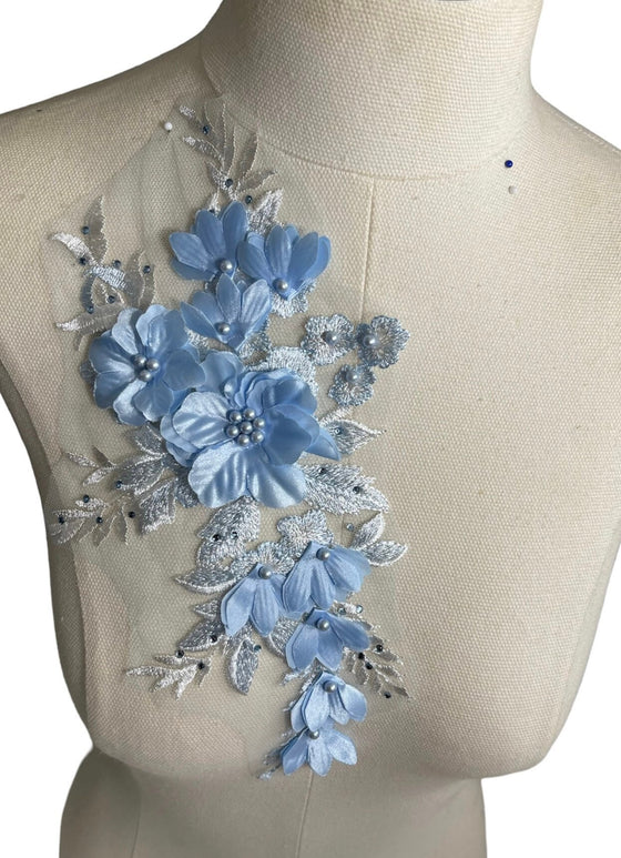 3D flowers with Pearl center lace appliqu with rhinestones