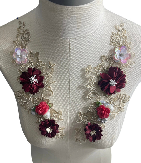 Pair Burgundy 3D flowers lace appliqués with pearl