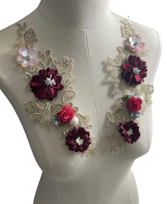 Pair Burgundy 3D flowers lace appliqués with pearl