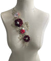 Pair Burgundy 3D flowers lace appliqués with pearl