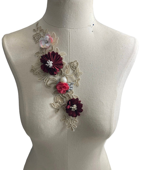 Pair Burgundy 3D flowers lace appliqués with pearl