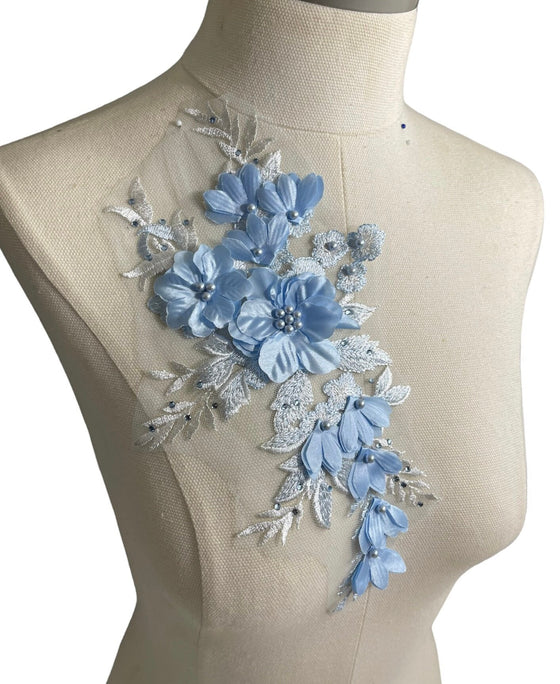 3D flowers with Pearl center lace appliqu with rhinestones