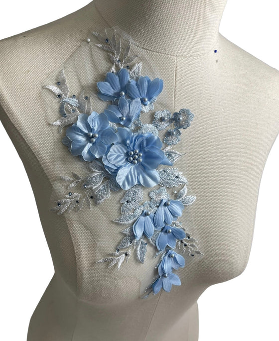 3D flowers with Pearl center lace appliqu with rhinestones