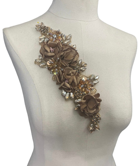 3D Light Brown Flowers with Large Crystals on Lace