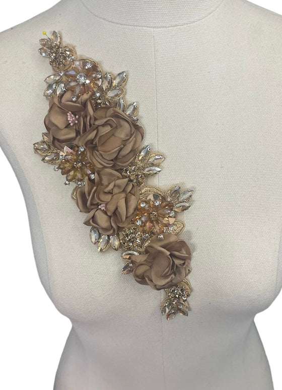 3D Light Brown Flowers with Large Crystals on Lace