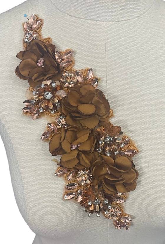 3D Bronze Flowers with Large Crystals on Lace