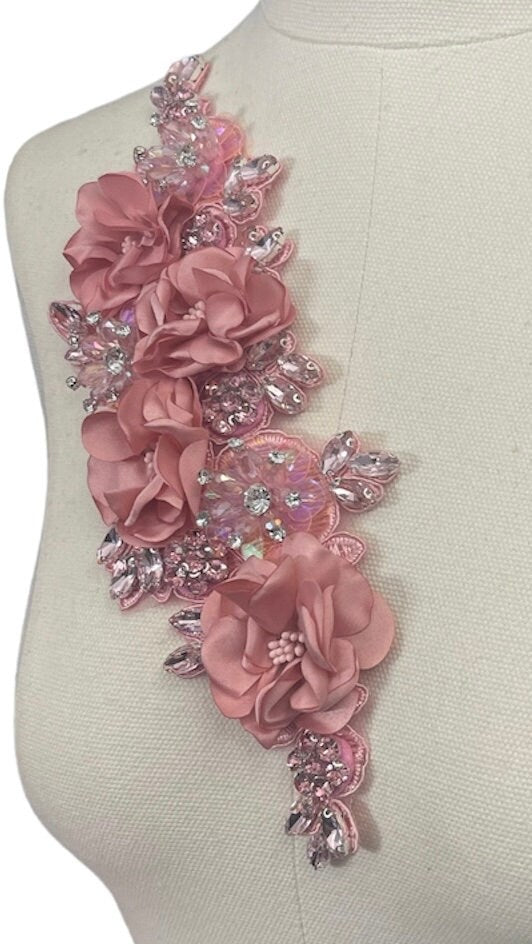 3D Pink Flowers with Large Crystals on Lace