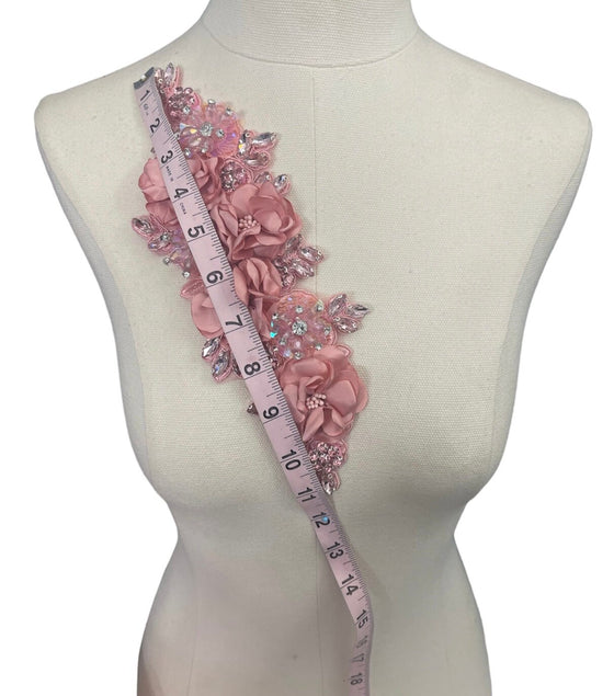 3D Pink Flowers with Large Crystals on Lace