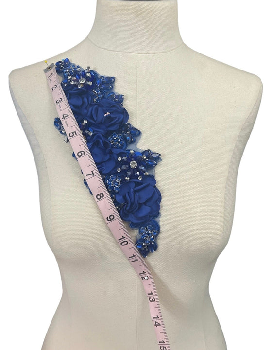 3D Royal Blue Flowers with Large Crystals on Royal Blue Lace