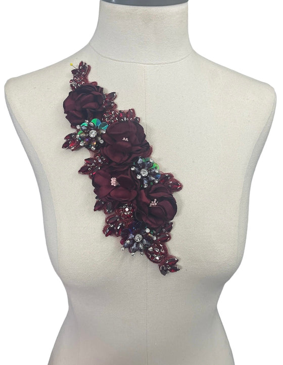 3D Burgundy Flowers with Large Crystals on Lace