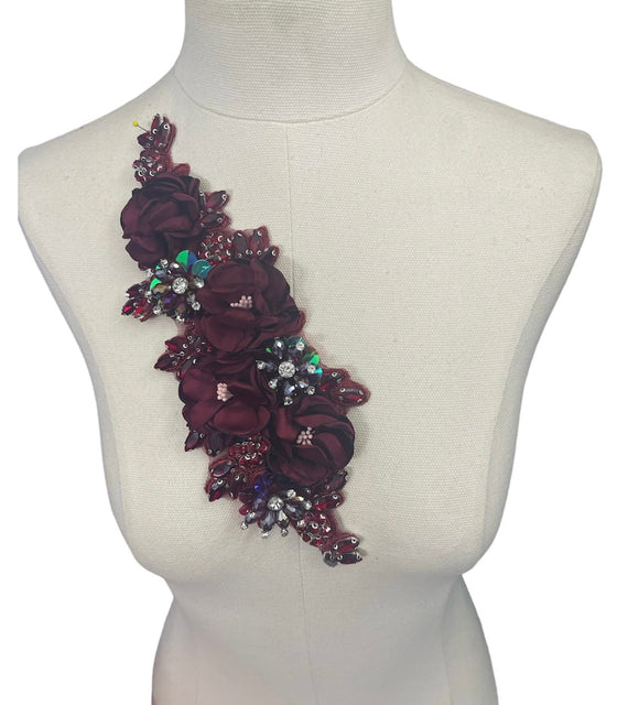 3D Burgundy Flowers with Large Crystals on Lace