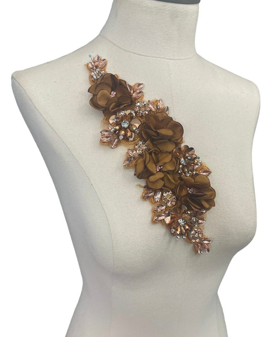 3D Bronze Flowers with Large Crystals on Lace