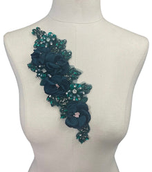  3D Emerald Green Flowers with Large Crystals on Lace