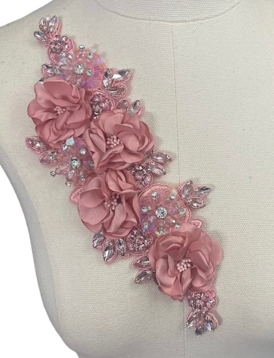 3D Pink Flowers with Large Crystals on Lace